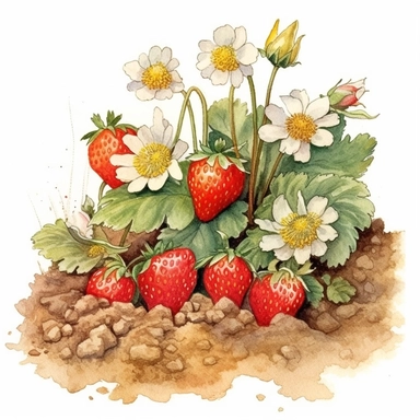 watercolor vintage style strawberries on the soil with flowers clipart, strawberres on the soil with flowers, strawberries, vibrant colors, 1960, vintage, watercolor, realistic drawing in storybook illustration, pencil drawing by Angela Barrett, Elsa Beskow, ultrafine detailed, highly detailed, high resolution, 8K, white background