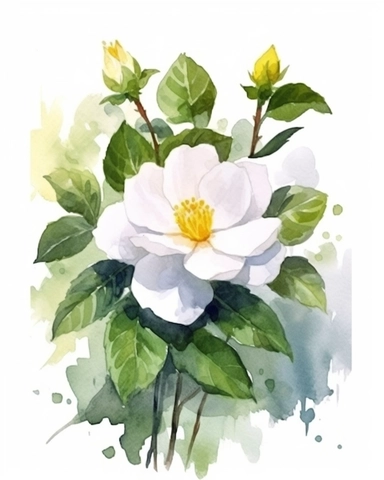 watercolor sketch of Tea Rose with white flower composition, clipart, clean and simple design, realistic color scheme, high-contrast image, white background,
