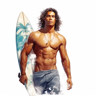 beautiful stunning hawaiian surfer young man , paint art style, clipart, white background, superrealistic, one of a kind
