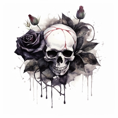 watercolor A clip art image featuring black gothic roses with skulls and webs isolated white background, minimalist, 8K