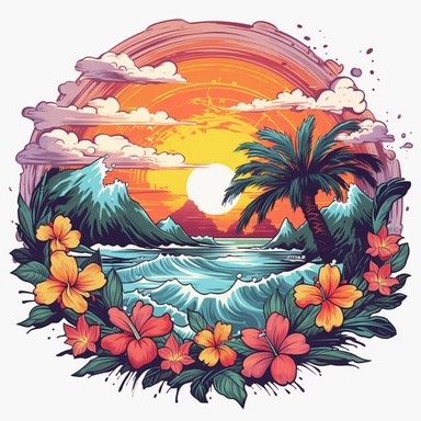 Maria Sibylla Merian style of a sticker, artwork of t shirt graphic of majestic palm tree in digital painting style , beautiful flowers, sunset mountains and clouds , big sea waves, water splashes, white background, colorful fantasy flower sorround, highly detailed clean, vector image, photorealistic masterpiece, professional photography, realistic, flat white background, isometric, vibrant vector, clipart, illustration, realism, 4k, cinematic, front view, white background