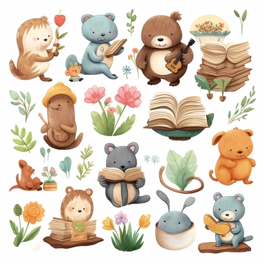 Create a set of clipart featuring cute animals engaged in various activities like reading a book, playing with a ball, gardening, or cooking. These versatile and adorable animal illustrations can be used in various educational materials, children's books, or crafting projects.