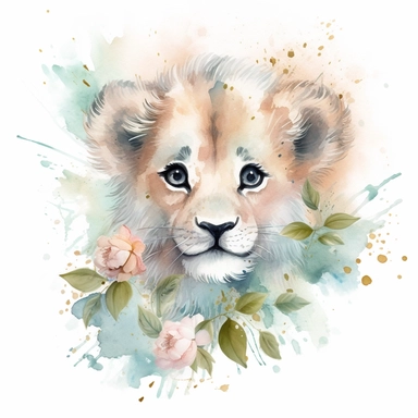 super cute newborn baby lion clipart with huge cute blue eyes long fur smiling painted in watercolour style, splashes, pastel pink and sage green floral elements, white background 8k hd