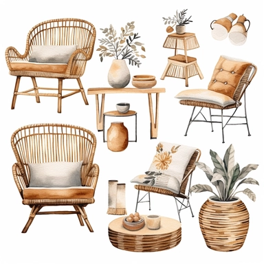 beautiful boho furniture, neutral tones, watercolor clipart, solid white background, hard edges, smooth