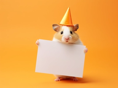 clipart of a happy cute hamster with a party hat holding up a blank whiteboard on a light orange color background with birthday theme, vibrant, eye-catching, playfulness and fun