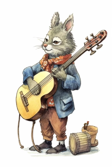 drawing of funny animals musician, white background, clipart, in unicake colors, layered composition, muted color palette, in the style of Ghibli, Pixar, Ukiyo - e, Wabi - sabi,