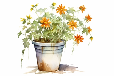 Watercolor, Solanum lycopersicum ‘Better Boy’, Bidens Plant, Cork planter, clipart, hd, on a white background, spaced out