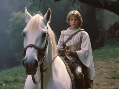 arthur as a young squire is walking next to a white horse, medieval clothing, vhs clip of 1981 movie the grail, in the style of home video, in motion, film still