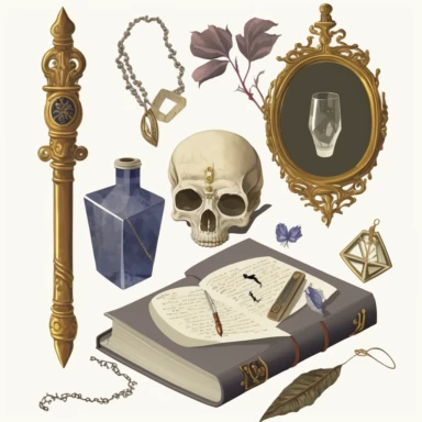 mirror, skull, sword, scroll, diamond, necklace, old books clipart