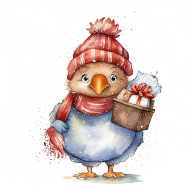 Watercolor, cute Christmas turkey, with a red hat, coat and sack of gifts, PNG, winter, nursery, cartoon, highly detailed, watercolor, very high details, white background, clipart style