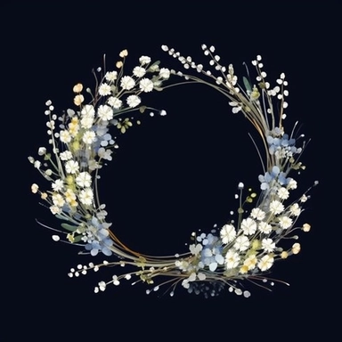 framed by thin border, wide view, central composition, fit in shot, full length, uncropped ,watercolor baby's breath wreathes, clipart, vector, dark background