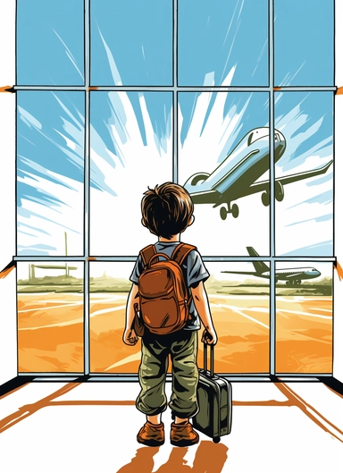 little boy clipart explorer clipper clipart boy explorer, at the airport terminal looking at the airplanes through the window, in the style of modern day casual dress style for babies, use of a map of the world, a passport and luggage, lightbox, soggy, pattachitra, associated press photo, primitive structures