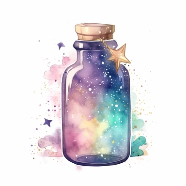 cartoon bottle of fairy dust, with a tag attached, glowing lights stars and sparkles, colors of green purple gold and blue, glamorous realistic and detailed, watercolor, white background with margins, clipart style
