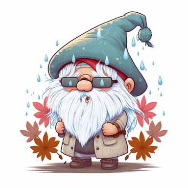 cute chibi happy gnome with big white beard, wearing spike hat, hat is covering the eyes, clipart, line art, in the style of Anni Betts + Christine Battuz, watercolor illustration style 8k, png