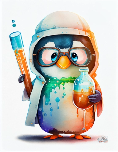 detailed watercolor kawaii penguin with eyeglasses wearing a lab gown holding a test tube with chemicals, facing front, isolated on a white background, clipart