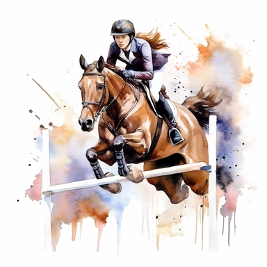 Show jumping with obstacles, highly detailed, watercolor, clipart, illustration, white background, digital painting, paper crafting, no signature, no text