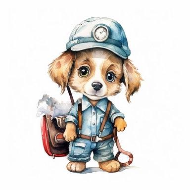 a lovable watercolor clipart image with a white background, portraying a cute cartoon puppy doctor with a doctor's hat, carrying a medical clipboard