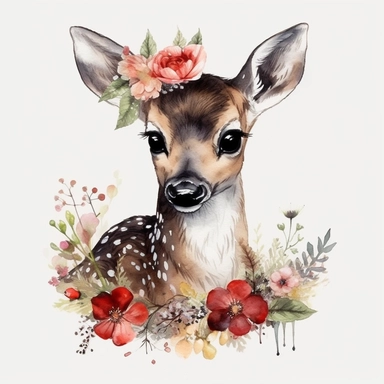 adorable baby deer, full body With Flower Wreaths vibrant colors, red mushroom, outline black, highly detailed, watercolor clipart white backround
