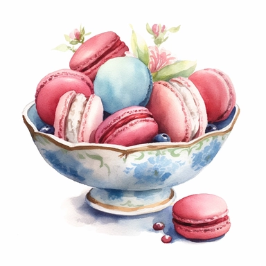 watercolor french macaroons in a beautiful china bowl clipart on white background