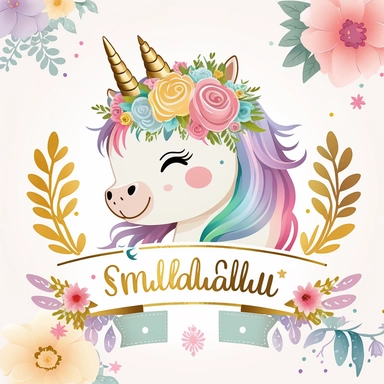 cute unicorn in chibi style with flowers in hair, colourful rainbow colours, well lite, with name plate ribbon with gold trim, watercolor clipart using procreate grain brush, svg white background