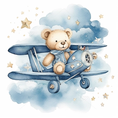 clipart, a whimsical illustration of a contented, loving and angelic baby teddy bear, holding on his hand its own teddy bear, floating in the air, riding inside a blue plane, surrounded by fluffy clouds and twinkling stars. Use a smooth and light watercolor technique to give the artwork a dreamy and ethereal quality