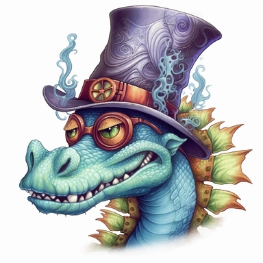 COMIC/CARTOON fantasy magical wacky dragon ,large eyeglasses, hats, muted colors, swirls, twists, twirls, metallic, glitter, stylized, funny, centered, airbrushed, digital oil, detailed illustration, clip art, cartoon, 8k, ar 9:8