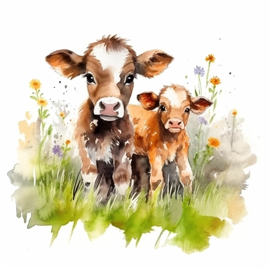 cute baby calves playing in the meadow, clipart, white background, watercolor style--q2--v5.1--s1000