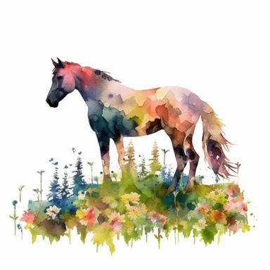 detailed watercolor clipart, photography style, beautiful horse, in a meadow, full body, spring floral,self shadow, white background