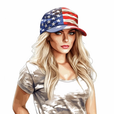 a gorgeous American soldier, her t-shirt and hat represent her flag, vibrant colors, clipart with white background,--v 5
