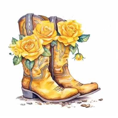 Cute Beautiful Boots Cowboy yellow rose Watercolor Sublimation Clipart,Cartoon, hyper realistic, intricate detail, illustration style,high solution,on the white background