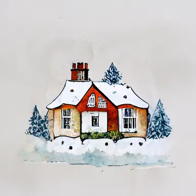 christmas, cute English country cottage, symmetrical, winter, snow, watercolor, clipart
