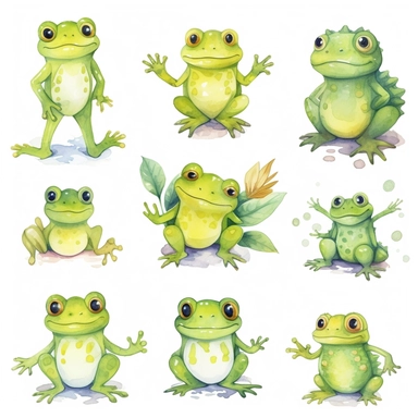 watercolor kawaii frogs, illustrations clipart set, simple, cartoon elements, different variants, separate elements with a margin