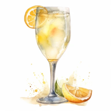 French 75: A sparkling cocktail made with gin, lemon juice, sugar, and champagne.watercolor, clipart