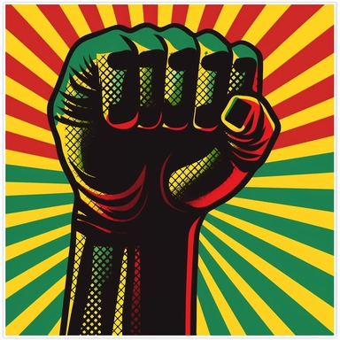 clipart, Juneteenth, a fist of empowerment, 4 fingers and a thumb, black/red/yellow/green