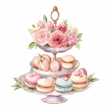 Clipart, Watercolor, Blush Peony Shabby Chic Tier Candy Tray with cupcakes, Macarrons and sandwiches, light colors, hand-draw, texture