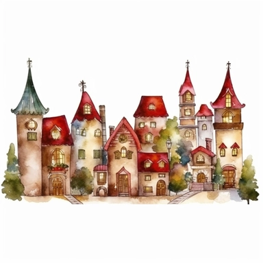 watercolor clipart of Christmas village, red green gold colors, isolated on white background