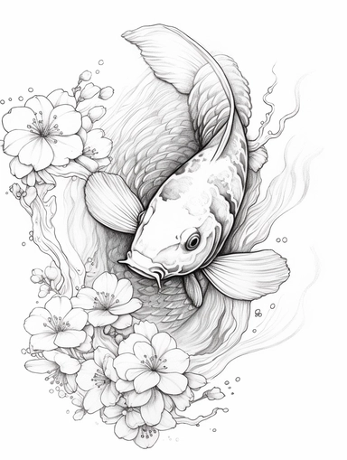 coloring book, white background, clip art, line work. Koi and waves and cherry tree.