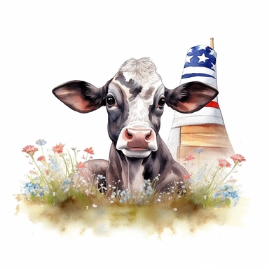 american flag day, water colour clipart, beautiful a calf sitting in grass wearing american hat, background beautiful cow shad, cute, happy, realistic, 8k