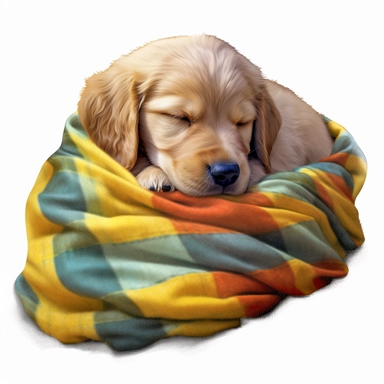 golden retriever puppy sleeping, wrapped in a colorful blanket, digital painting and drawing, clipart, full body, hyper - realistic animal illustration, childlike, free brushwork, white background