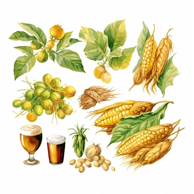 beer ingredients like barley, hops, and yeast, showcasing their natural beauty and textures, full color, clipart, watercolor illustration, single object, high definition 8k, white background for removing background