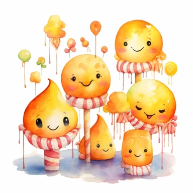 watercolor, water splash, cute smiley colorful candy corn, wrapped candies, and lollipops clipart, hd, on white background.