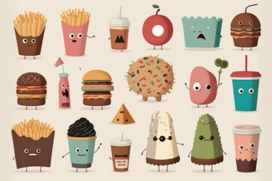 multiple clipart sheet, junk food, rgb in the style of jon klassen, pixar character style
