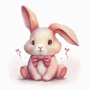 a detailed watercolor painting of a cute cartoon baby bunny with bowtie, clipart, watercolor style, pink, pastel colors, isolated on white background, children's book illustration