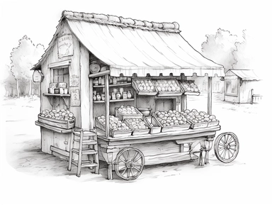 pencil drawing Cute french - style a farmer selling peach bakery stand clipart, 1940, peach pie, peach ice tea, peach jam jar, peach muffin,