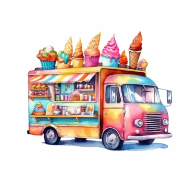 Clipart, watercolor, white background: Create a playful clipart of an ice cream truck, with colorful patterns and a cheerful ice cream vendor serving up frozen delights