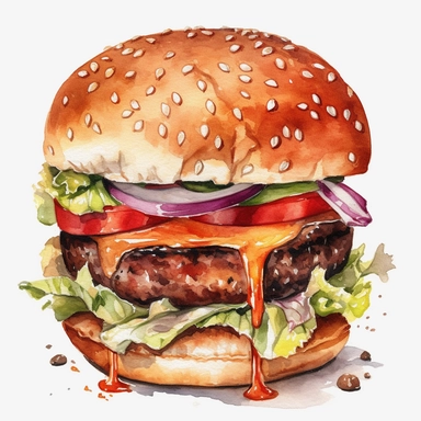 High Detail clipart of a Hamburger, no lines, no outlines, clipart, featured on dribble, american Dinner clipart, minimalist, computer vector graphic design clip art, watercolor illustration clipart, watercolour clipart, watercolor illlustration for Recipe Books, book illustration, print on demand image, PNG tranparent background