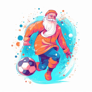happy Santa Claus playing soccer, happy new year, children storybook illustration. 2d, vibrant luminous colors, flat style, ink Lines, clipart, white empty background, sharp, high resolution, blue pink orange warm
