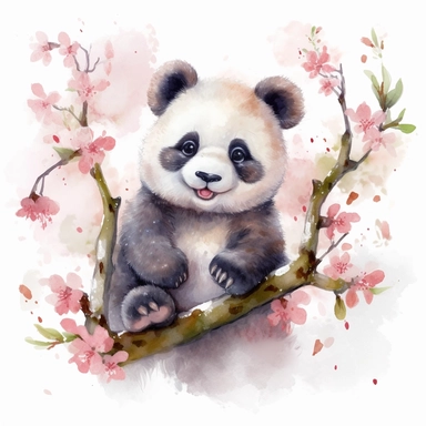 watercolor clipart, cute happy laughing baby panda sitting proudly on a spring branch, with a few spring blossoms and leaves framing the scene, vivid colors, white background, no watermark, 8k, super resolution, megapixel