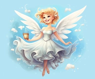 dental fairy in cloud clipart, in the style of eye-catching, atmosphere of dreamlike quality, childlike innocence, light sky-blue and dark beige, princesscore, meticulous, luminescence