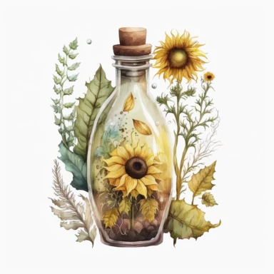 a vial of potion with sunflowers inside, white and yellow vibes, watercolor clipart